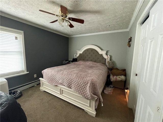 bedroom featuring a ceiling fan, ornamental molding, a textured ceiling, carpet flooring, and a baseboard heating unit