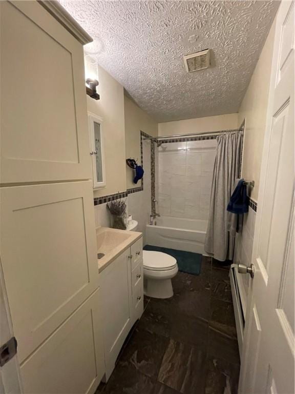 full bath featuring a textured ceiling, toilet, shower / tub combo, visible vents, and vanity