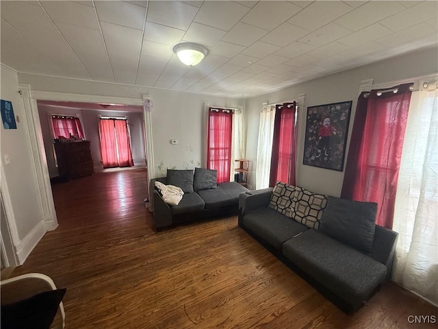 living area featuring baseboards and wood finished floors