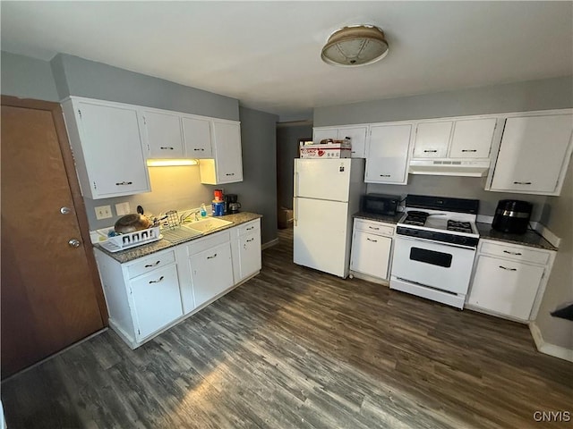 kitchen with white appliances, dark wood finished floors, under cabinet range hood, white cabinetry, and a sink