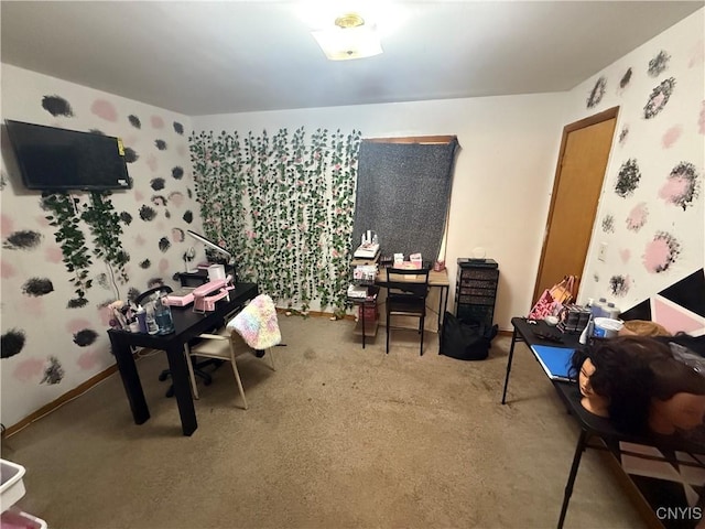 recreation room featuring carpet floors and wallpapered walls