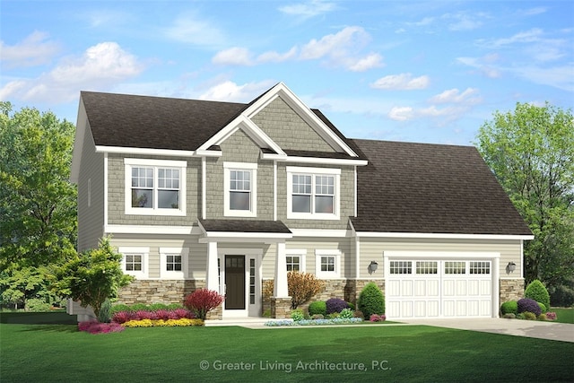 view of front facade featuring an attached garage, stone siding, and a front yard