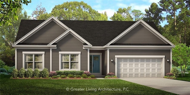 view of front of home with concrete driveway, a shingled roof, an attached garage, and a front yard