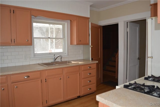 kitchen featuring light wood finished floors, crown molding, light countertops, and a sink