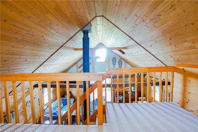 additional living space featuring wood ceiling, carpet flooring, and vaulted ceiling