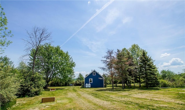 view of yard with driveway and an outdoor structure