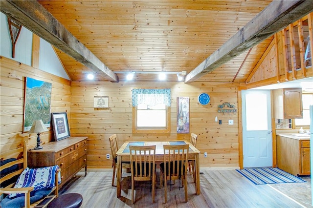 dining space with light wood-style flooring, wood ceiling, lofted ceiling with beams, and wooden walls