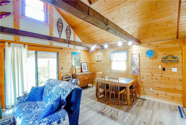 dining space with wooden ceiling, wooden walls, beam ceiling, and wood finished floors