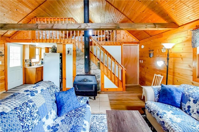 living room with vaulted ceiling with beams, a wood stove, wooden ceiling, and wood walls