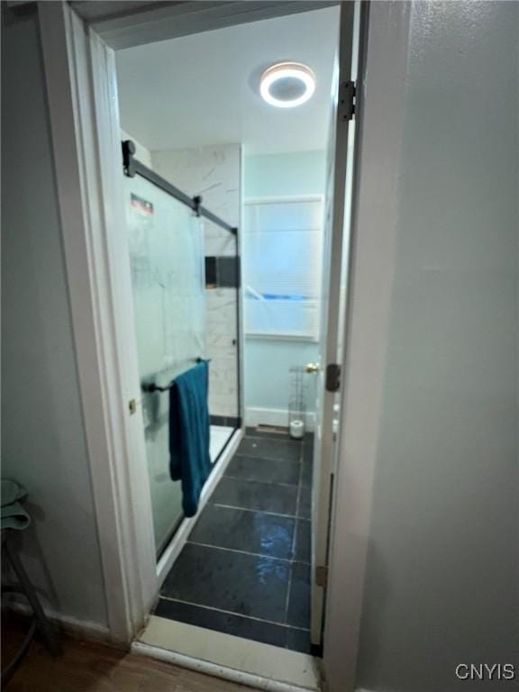 full bathroom featuring a shower stall and wood finished floors