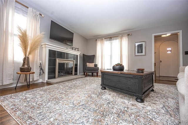 living area with a tiled fireplace and wood finished floors