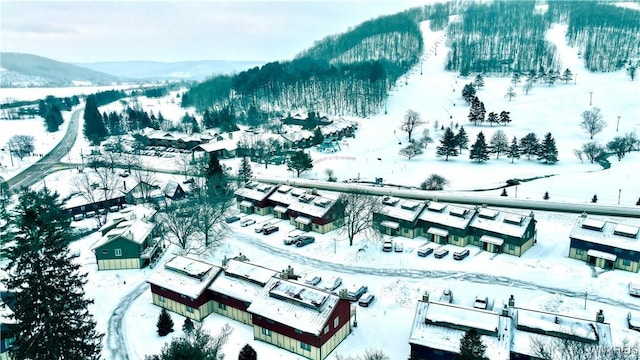 snowy aerial view with a mountain view