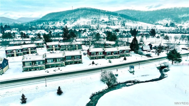 snowy aerial view with a mountain view