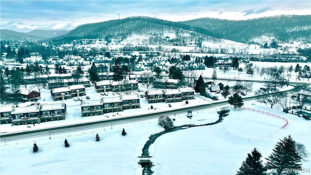 snowy aerial view featuring a mountain view