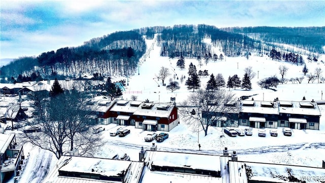 snowy aerial view with a mountain view