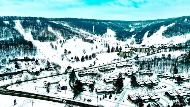 snowy aerial view featuring a mountain view