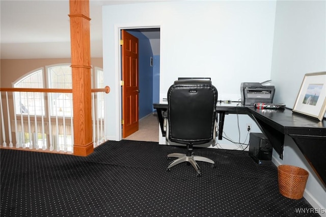 home office with carpet flooring