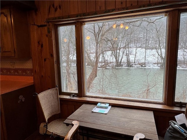 dining room with wood walls and baseboard heating