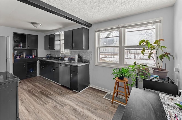 kitchen featuring light wood finished floors, stainless steel dishwasher, decorative backsplash, a sink, and dark cabinets