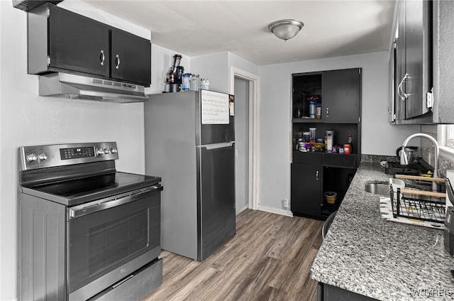 kitchen featuring under cabinet range hood, wood finished floors, a sink, appliances with stainless steel finishes, and dark cabinetry