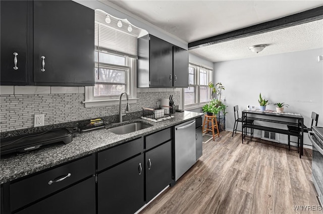 kitchen with dark cabinetry, dishwasher, light wood-style flooring, and a sink