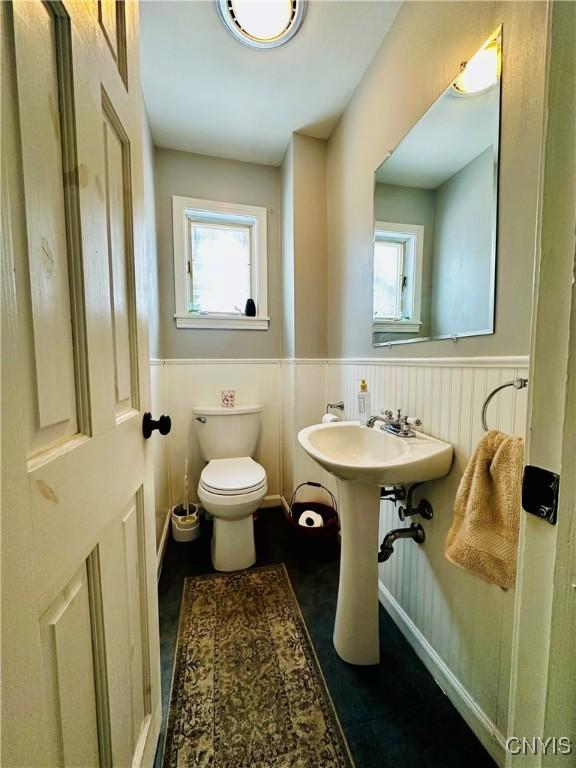 bathroom featuring a wainscoted wall, a sink, and toilet