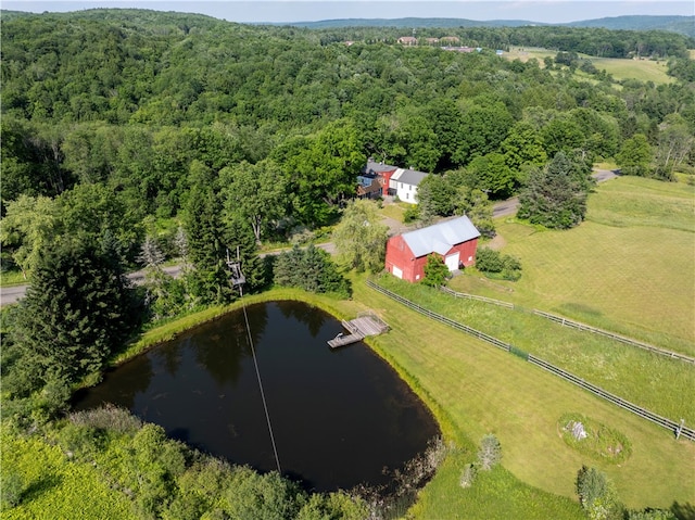 birds eye view of property featuring a water view, a view of trees, and a rural view