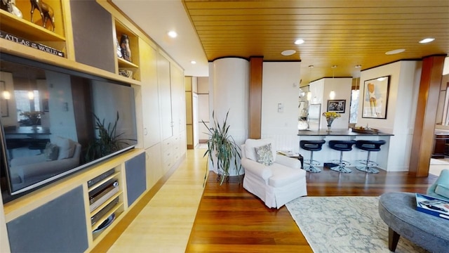 kitchen featuring wood ceiling, wood finished floors, recessed lighting, and open shelves