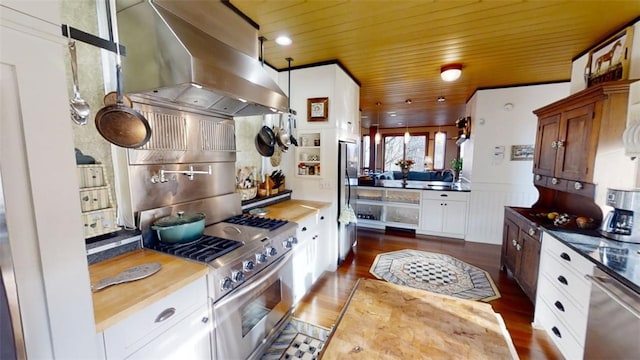 kitchen with range hood, stainless steel appliances, dark wood-type flooring, white cabinets, and wooden ceiling