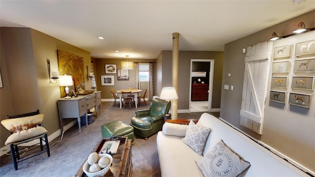 carpeted living room featuring baseboards