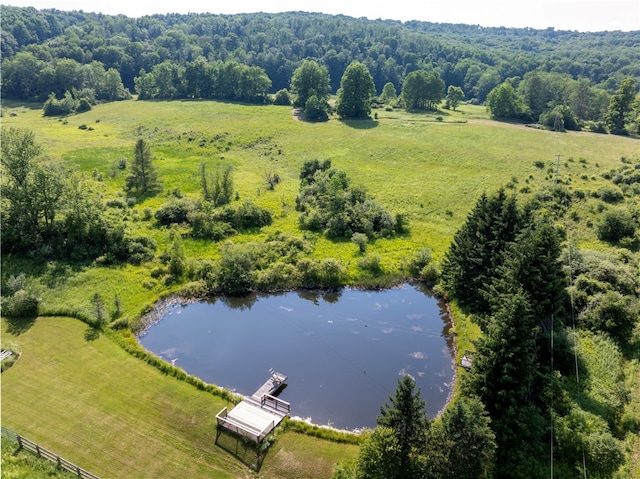 drone / aerial view with a forest view and a water view