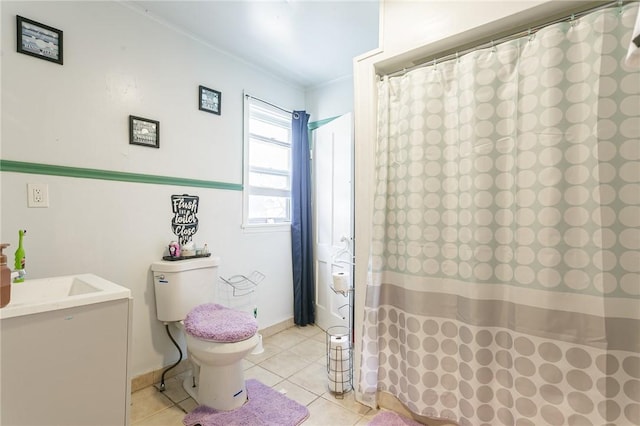 bathroom with toilet, a shower with curtain, ornamental molding, tile patterned floors, and vanity