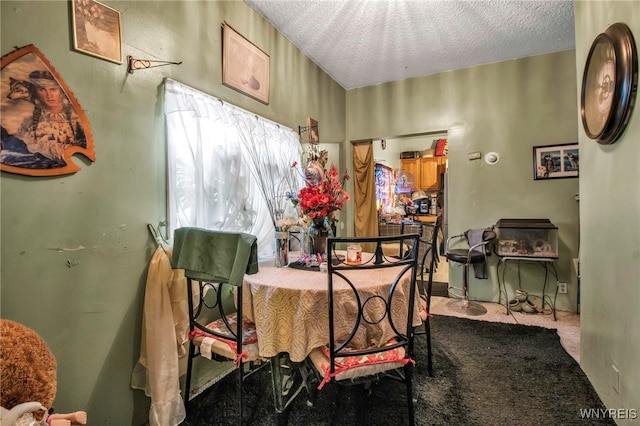 dining room with carpet and a textured ceiling