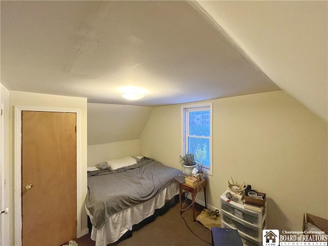 carpeted bedroom with lofted ceiling