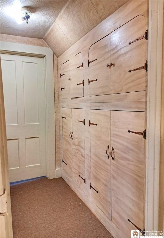 corridor with wood walls, vaulted ceiling, a textured ceiling, and light colored carpet