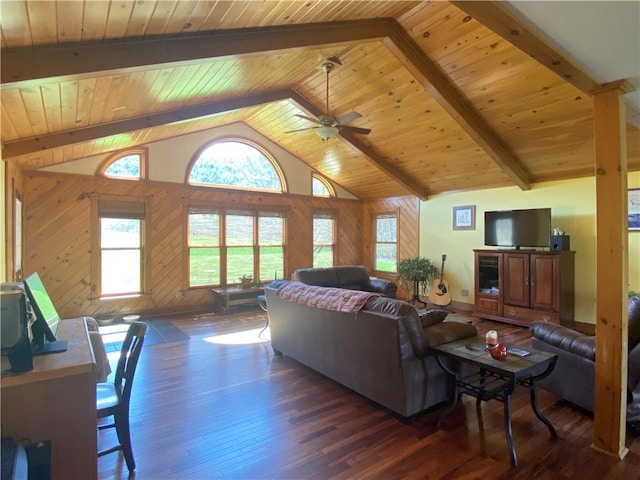 living room with wooden ceiling, high vaulted ceiling, wood finished floors, and beamed ceiling