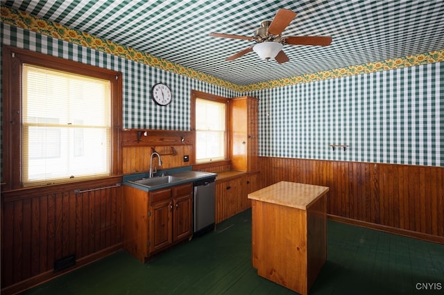 kitchen with a sink, visible vents, wainscoting, dishwasher, and wallpapered walls