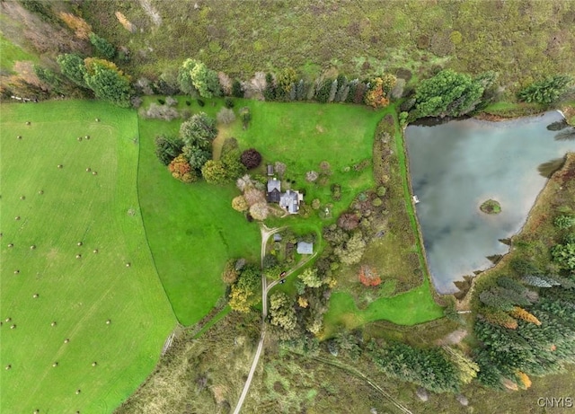 bird's eye view with a water view