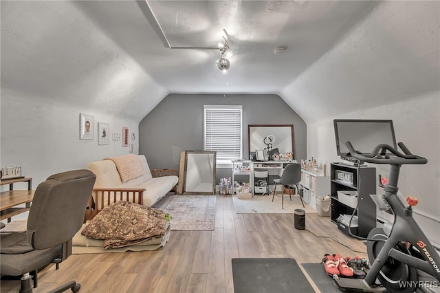 home office with lofted ceiling and wood finished floors