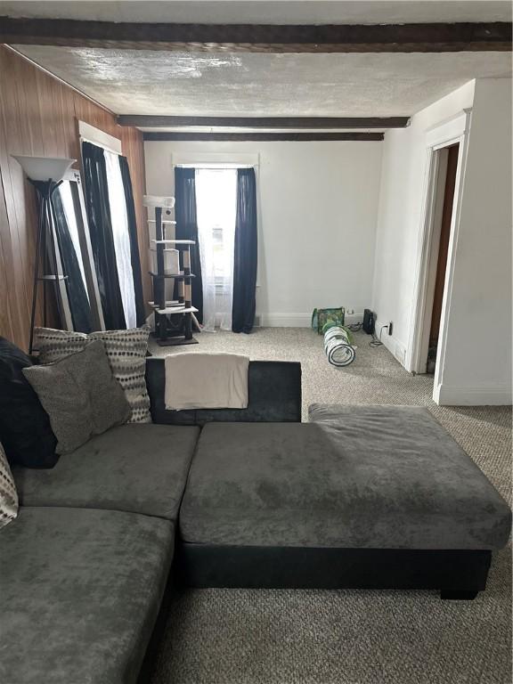 living room with carpet, beamed ceiling, wooden walls, and baseboards