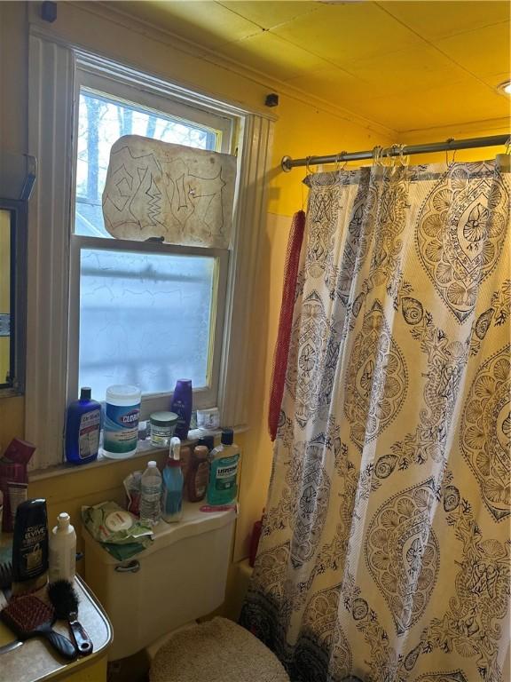 full bathroom featuring toilet, crown molding, and a shower with shower curtain