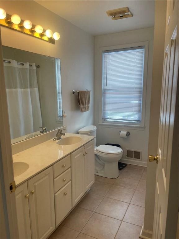 full bathroom featuring tile patterned flooring, toilet, a sink, visible vents, and double vanity