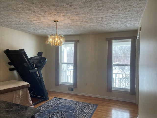 workout room featuring a textured ceiling, wood finished floors, visible vents, and baseboards