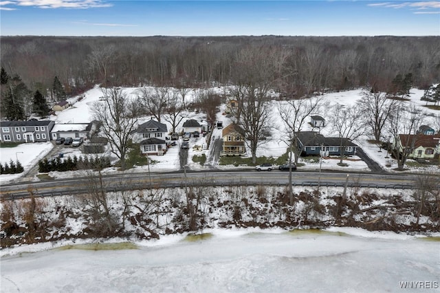 snowy aerial view featuring a wooded view