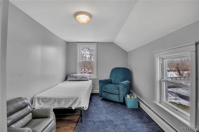 carpeted bedroom featuring lofted ceiling, baseboard heating, and a baseboard radiator