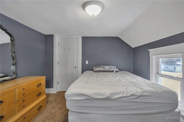 carpeted bedroom featuring lofted ceiling