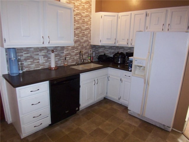 kitchen featuring white fridge with ice dispenser, dark countertops, black dishwasher, and a sink