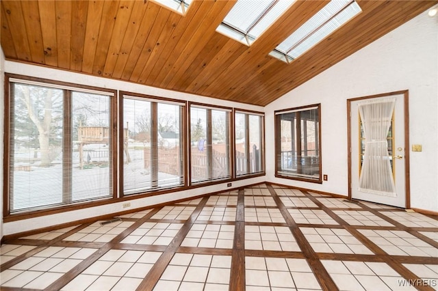 unfurnished sunroom featuring lofted ceiling with skylight and wooden ceiling