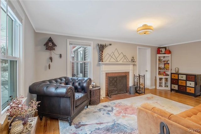 living area with a fireplace, crown molding, and wood finished floors