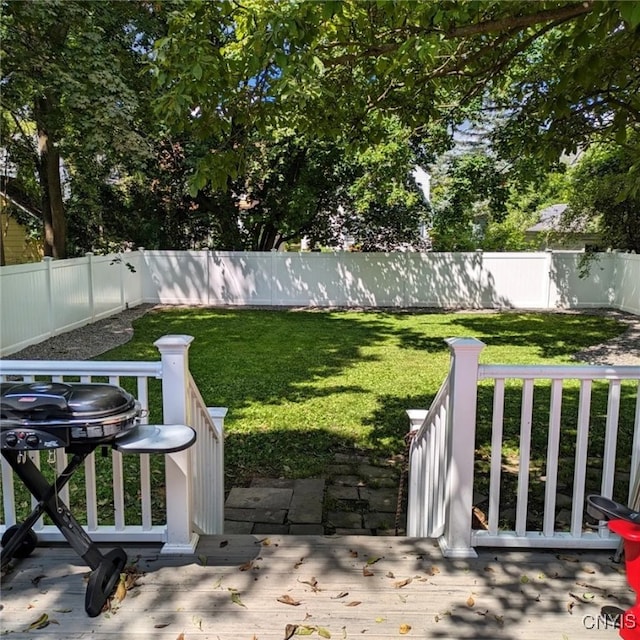 view of yard featuring a fenced backyard and a deck